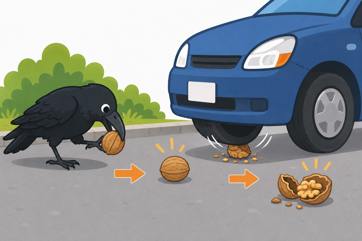 カラスとクルミ、車