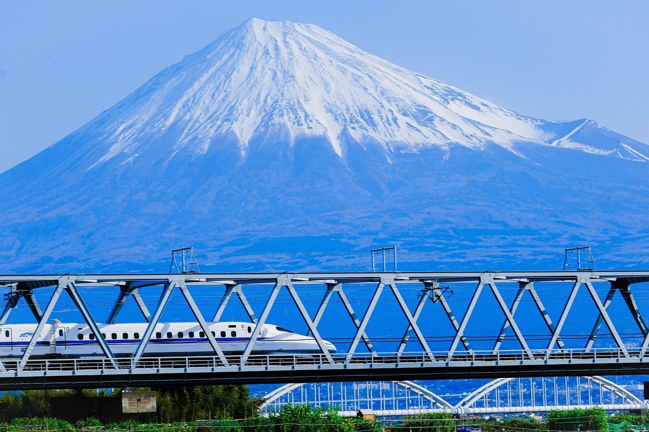 富士山を背に走る新幹線